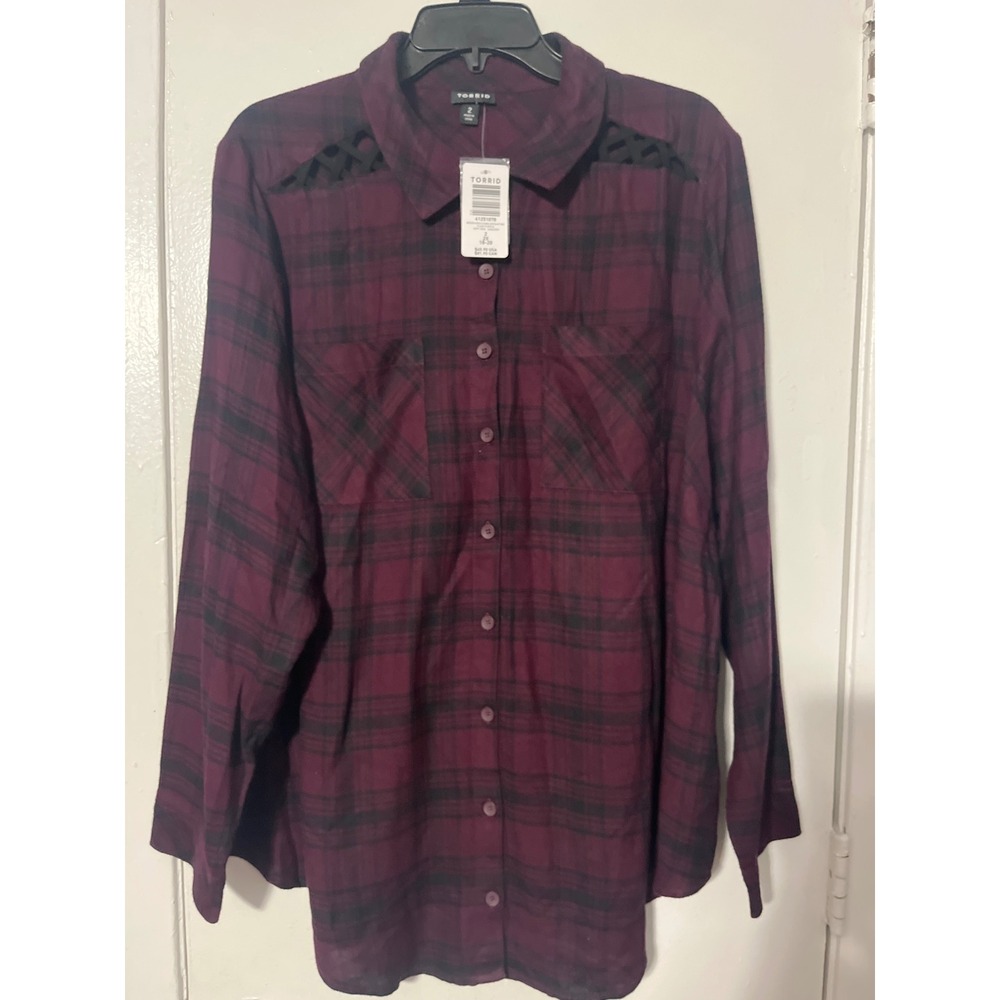 Torrid Purple Plaid Flannel Tunic‎ Button Up Shoulder Cutout Shirt Womens 2 2X